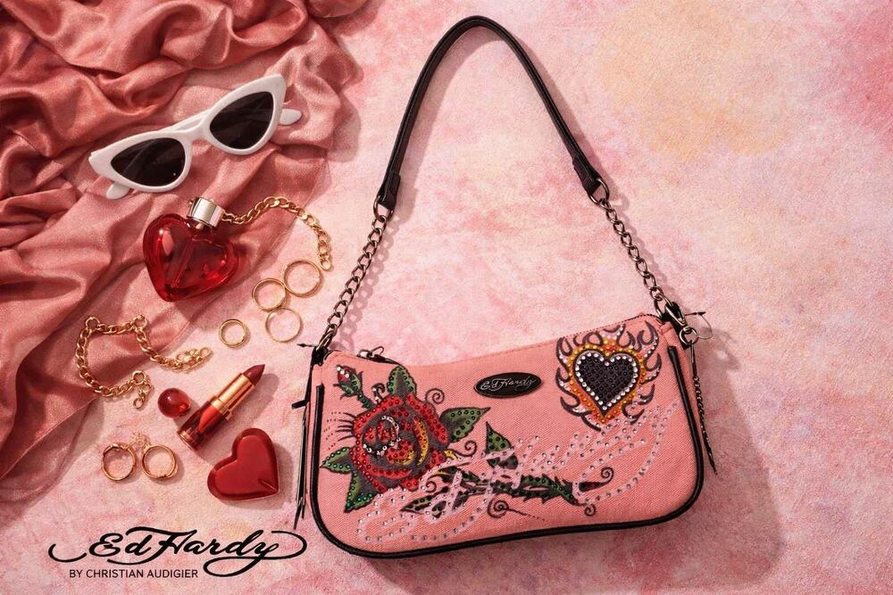 NWT Ed Hardy Pink Denim 2-Way Rose & Heart Tattoo Bag
